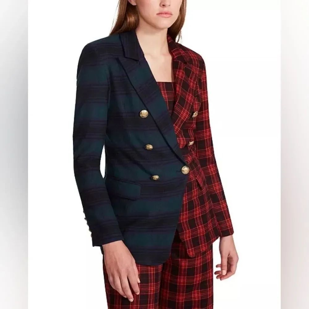 Steve Madden Simone Multi Plaid Split Color Double-Breasted Blazer Jacket Size L